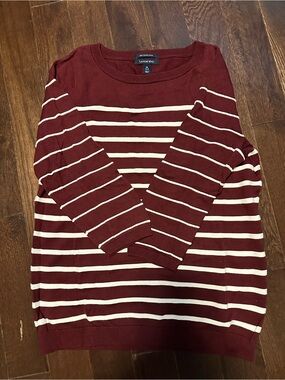 Lands' End Maroon & Cream Striped Crewneck Sweater